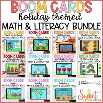 Preview of Kindergarten Seasonal Math and Literacy Boom Cards™ BUNDLE