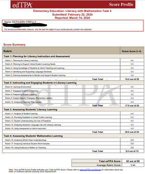 *HIGH SCORE* edTPA Elementary Lit. with Math Task 4 (COMPLETE edTPA ...