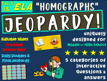 Preview of "HOMOGRAPHS" Middle or High School ELA JEOPARDY! - version 9 of 10