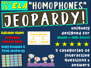 Preview of "HOMOPHONES" Middle or High School ELA JEOPARDY! - version 8 of 10