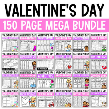Preview of 2nd Grade Valentine's Day Math and Language Review Worksheet Bundle
