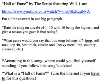 Preview of Striving for Excellence - "Hall of Fame" The Script song writing prompt
