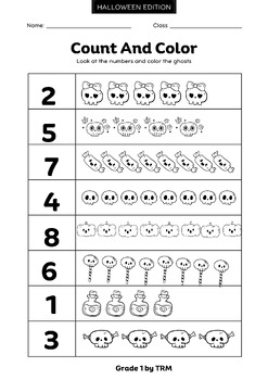 Preview of "Halloween Count and Color Math Worksheet (Numbers 1 to 8)"