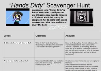 Preview of "Hands Dirty" Scavenger Hunt: 1 Day BONUS research project and lyric analysis