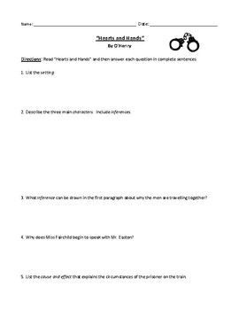 Preview of O. Henry: "Hearts and Hands" Worksheet (or Assessment) with Detailed Answer Key