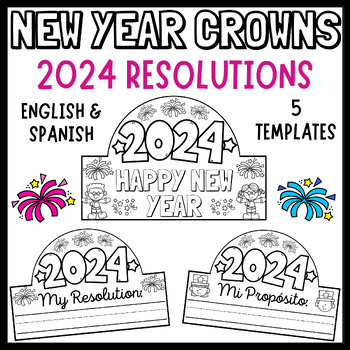 Preview of ⭐Happy New Year 2024 Crown-Hat-Headband Craft-Resolution Writing-English&Spanish