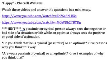 Preview of Pessimist or Optimist - "Happy" journal song writing prompt