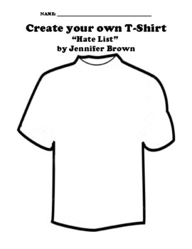 “Hate List” by Jennifer Brown T-SHIRT WORKSHEET by Northeast Education