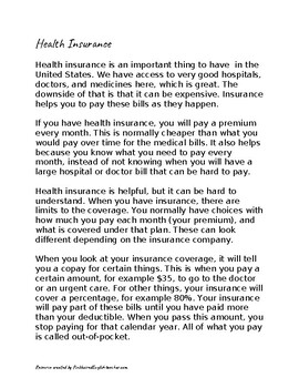Preview of "Health Insurance" Insurance Basics How it Works ESL Adult Reading Passage 20