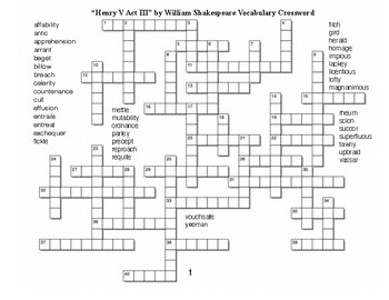 Henry V Act III﻿ by William Shakespeare Vocabulary Crossword TPT