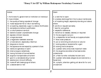 Henry V Act III﻿ by William Shakespeare Vocabulary Crossword TPT