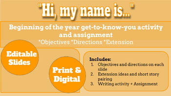 Preview of "Hi, my name is" beginning of the year-get to know you activity