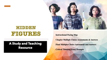 Preview of "Hidden Figures" teaching resource with pacing map, chapter assessments, and ans