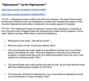 Preview of Traditional Careers and Reincarnation "Highwayman" song writing prompt