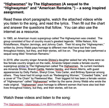 Preview of “Highwomen” by The Highwomen (A sequel to the “Highwayman” - song worksheet