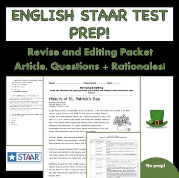 Preview of "History of St. Patrick's Day" STAAR English 1/2 Revise and Editing- Test Prep