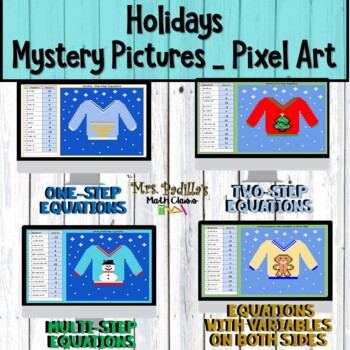 Preview of  Holiday | Winter | Christmas Math Activity Solving Equations Bundle Pixel Art