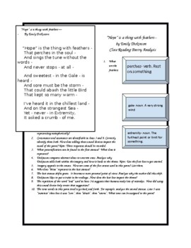 Preview of "Hope" is a thing with feathers-- Dickinson Close Reading Analysis for students