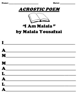 Preview of “I Am Malala” by Malala Yousafzai ACROSTIC POEM WORKSHEET