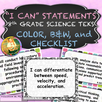 Preview of "I CAN" Statements 8th Grade Science TEKS Resource Cards UPDATED 2018!