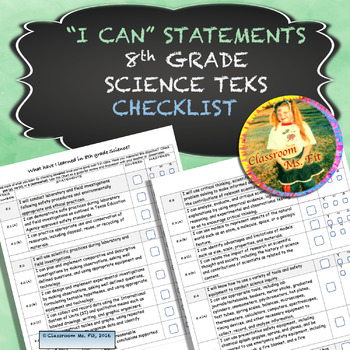 Preview of "I CAN" Statements 8th Grade Science TEKS Student Checklist UPDATED 2018!