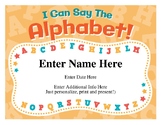 "I Can Say The Alphabet" Editable Certificate — ABCs Award