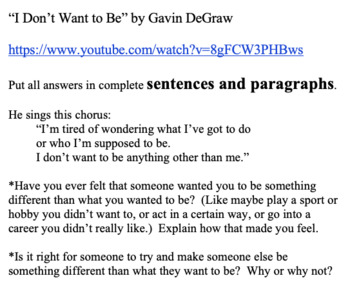 Preview of Being Yourself - "I Don't Wanna Be" - Gavin DeGraw song writing prompt