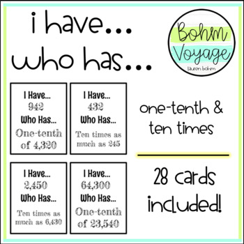 Preview of "I Have Who Has" Place Value Relationships Game (10 Times and One-Tenth Of)