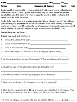 Preview of "I Have a Dream" Dr. MLK Speech (Fluency Self-Assessment and Reflection)
