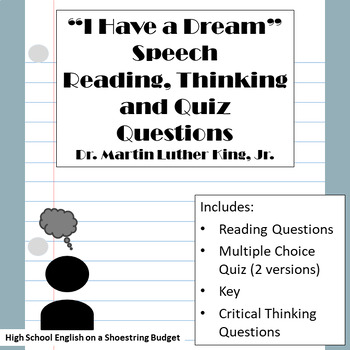 Preview of "I Have a Dream" Speech Reading, Thinking, Quiz Questions (Dr. King, MLK)