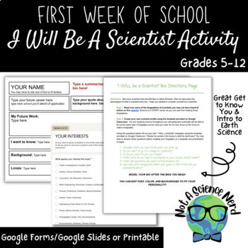 Preview of "I Will Be a Scientist" First Week of School Activity for Science