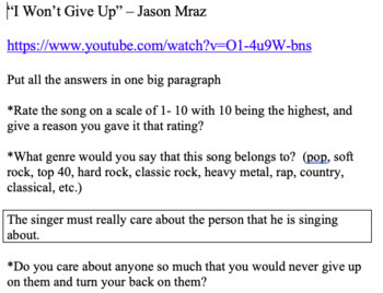 Preview of Facing Adversity - "I Won't Give Up" - Jason Mraz - song writing prompt