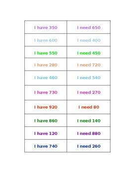Preview of "I have, I need" math addition cards adding up to 1000