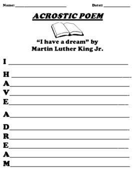 Preview of “I have a dream” by Martin Luther King Jr. ACROSTIC POEM WORKSHEET
