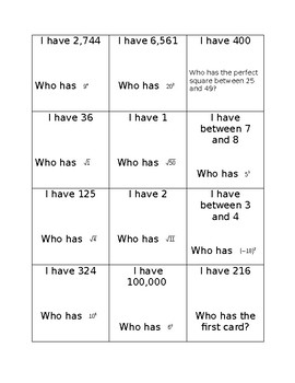 Preview of "I have, who has" Exponents, Square Roots, and Perfect Squares