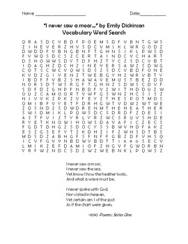 Preview of "I never saw a moor..." by Emily Dickinson Vocabulary Word Search and Poem