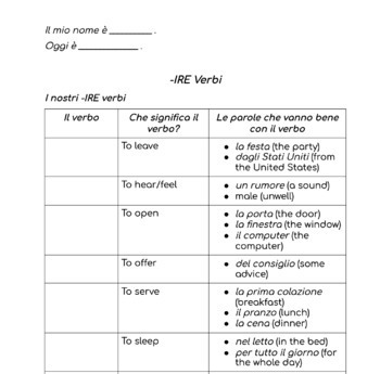 Preview of -IRE verbs and conjugations - Guided notes with practice, Italian