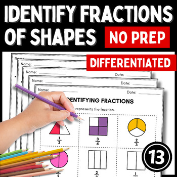 Preview of ❤️ Identify Fractions Worksheets Shading Fractions of shapes 2nd & 3rd grade