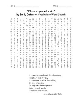 Preview of "If I can stop one heart..." by Emily Dickinson Word Search and Poem