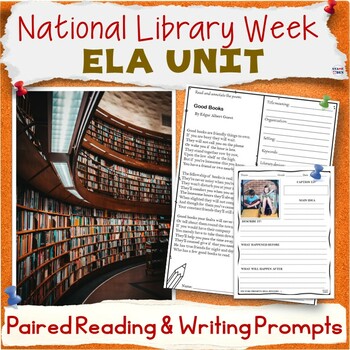 Preview of National Library Week Unit - Paired Reading ELA Activities, Writing Prompts