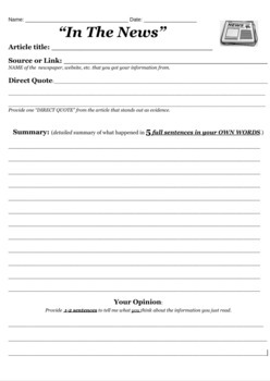 Preview of "In the News" student form for reading articles and writing summaries