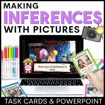 Preview of Inferencing With Pictures Task Cards Activities plus Powerpoint 1st 2nd Grade