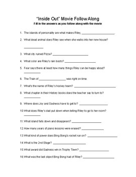 Preview of "Inside Out" movie follow along worksheet