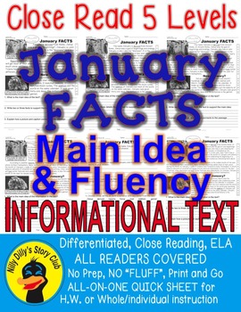 Preview of "January FUN FACTS" Close Read 5 Leveled Passages ALL-READERS-COVERED!