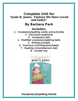 Preview of "Junie B. Jones:  Turkeys We Have Loved and Eaten" by Barbara Parks Unit