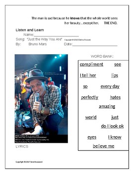Preview of ESL Embedded Reading and CLOZE Lyrics for "Just the Way You Are" by Bruno Mars