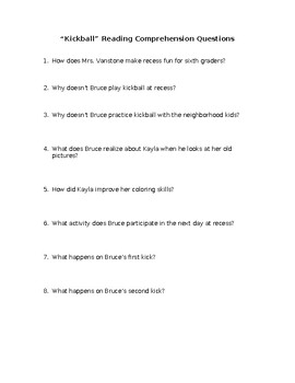 Preview of "Kickball" Reading Comprehension Questions with Answers