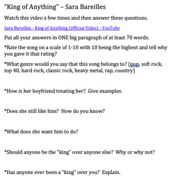 Preview of Kingship - "King of Anything" - Sara Barailles song journal writing prompt