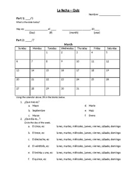 Preview of "La Fecha" Quiz (modified version)