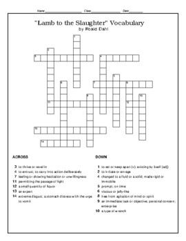 Preview of "Lamb to the Slaughter" Roal Dahl Vocabulary Crossword Puzzle (NO Word Bank)